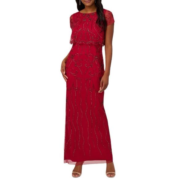 Adrianna Papell Beaded Scalloped-Popover Gown in the Size 16 in Cranberry Color - Picture 2 of 6